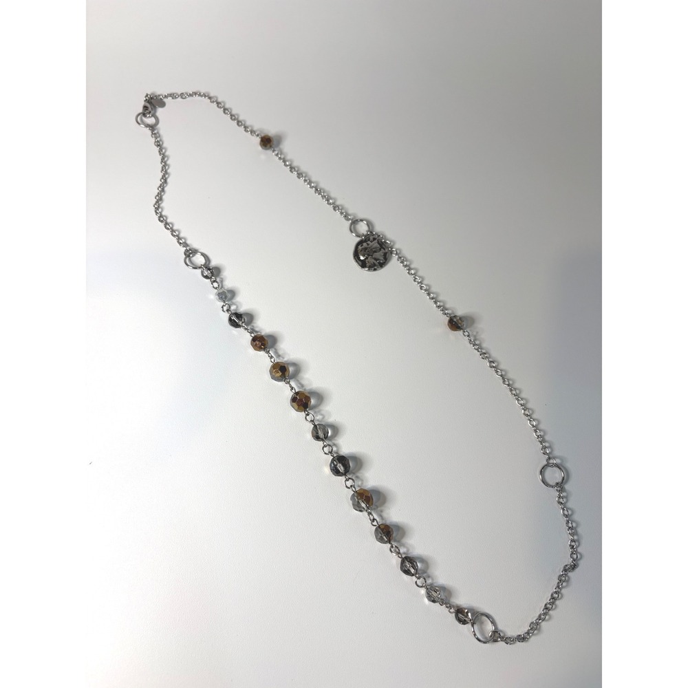 Silver Tone Long Beaded Coin Pendant Necklace Smoky Grey Amber Gold 36 Inch